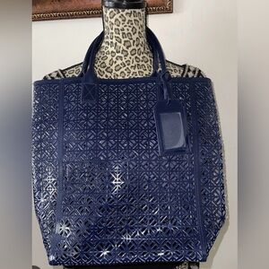 Tory Burch Navy Perforated PVC Tote with Luggage Tag